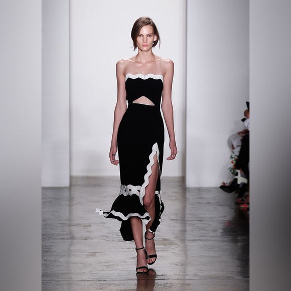 JONATHAN SIMKHAI Size 6 Black & White Scallop Trim Midi Cocktail Dress - Picture 2 of 12